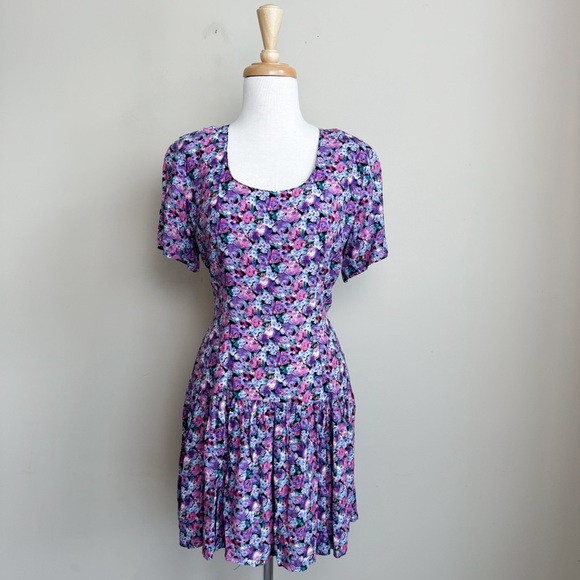 Vintage Dresses & Skirts - VINTAGE PINK/PURPLE WATERCOLOR FLORAL MINI DRESS